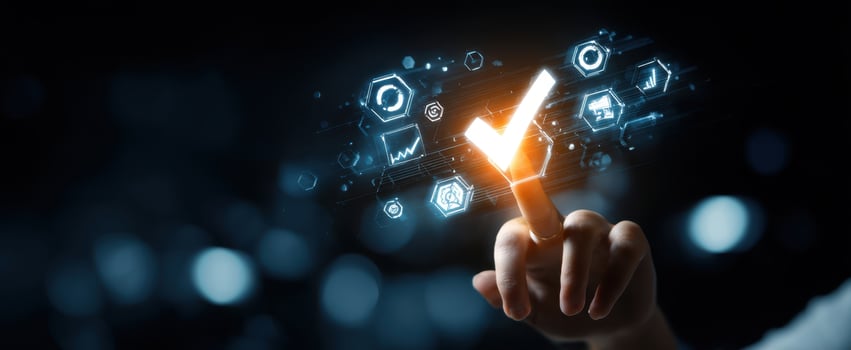 The hand interacting with digital checkmark symbolizing success and technology advancement photo