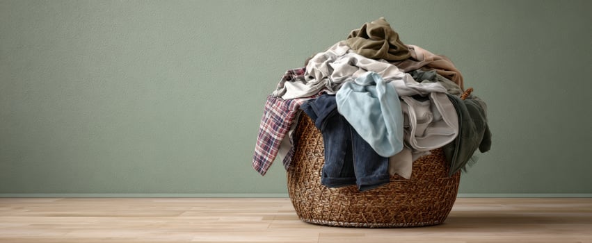 The overflowing laundry basket filled with colorful and casual clothing. photo