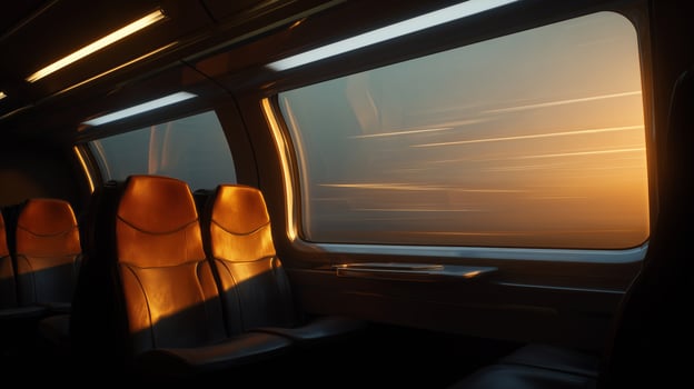 A man dressed in professional attire relaxes in a train seat while observing a beautiful sunset through the window. The warm light illuminates the empty cabin, creating a peaceful atmosphere. photo