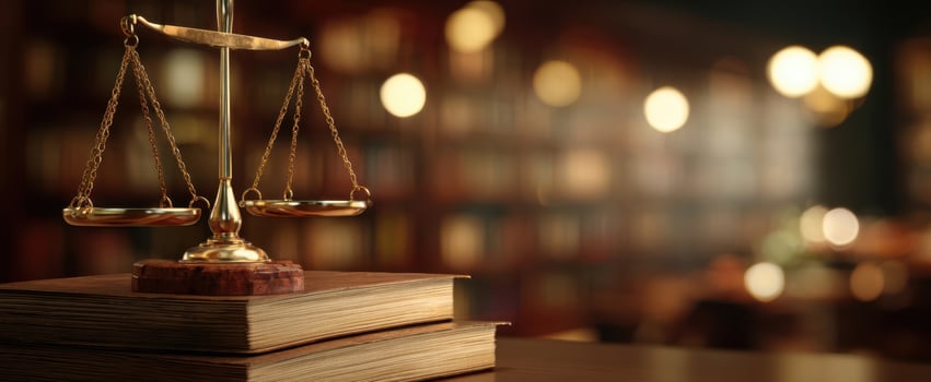 The elegant scales of justice set against a classical book-filled library backdrop. photo