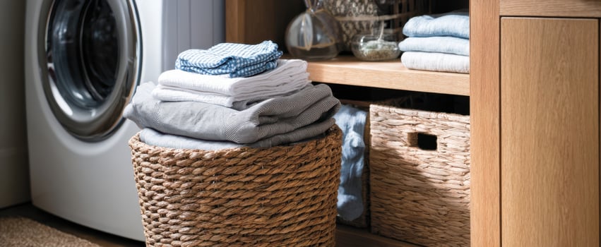 The neatly stacked towels atop a woven laundry basket in a modern setting. photo