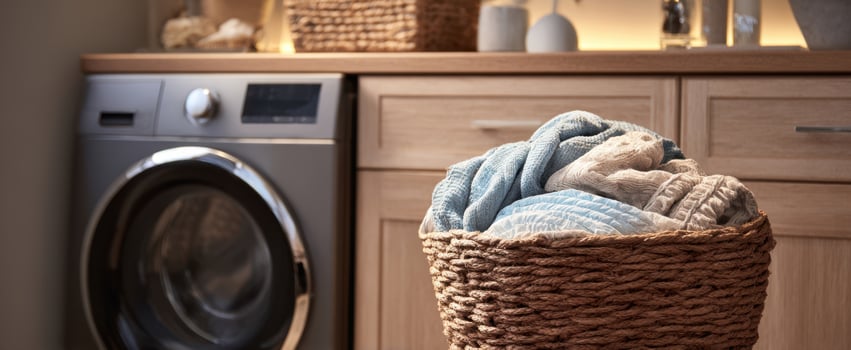The stylish laundry basket filled with cozy, clean textiles near a modern washing machine. photo