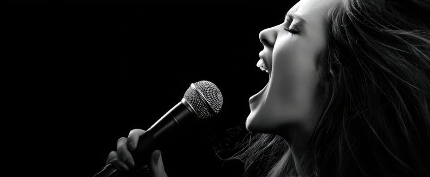 The passionate singer belting out notes into the microphone in dramatic black and white. photo