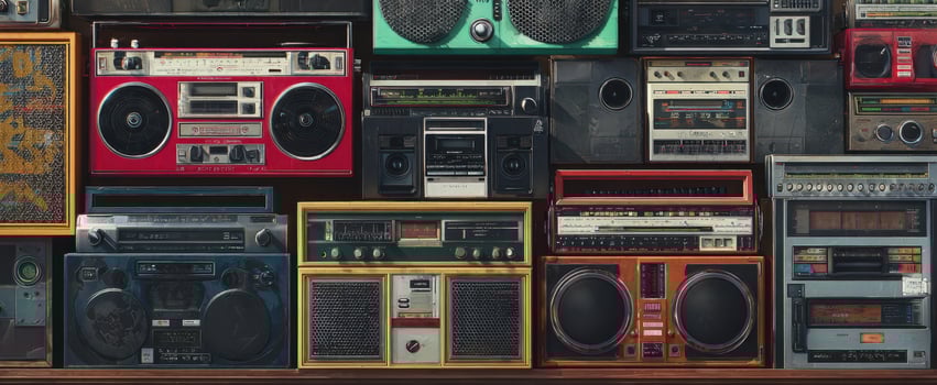 The colorful display of vintage boomboxes showcasing retro audio technology. photo