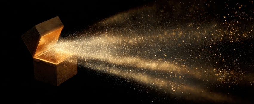 The treasure box emitting magical golden sparkles and enchanting light beams. photo