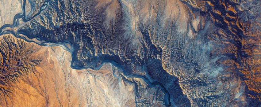 The breathtaking aerial view of a winding river through a majestic canyon. photo