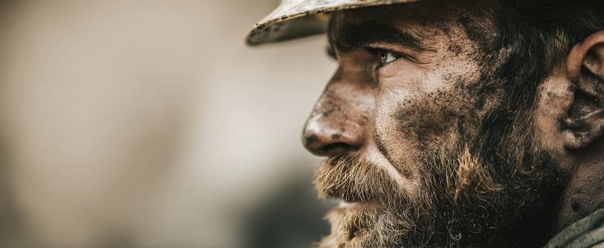 The rugged man with a determined expression in dusty work attire. photo