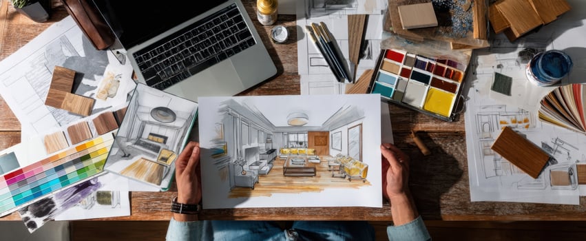 The artist showcasing an interior design concept with sketches and materials. photo