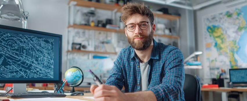 The man in a creative office surrounded by technology and inspiration. photo