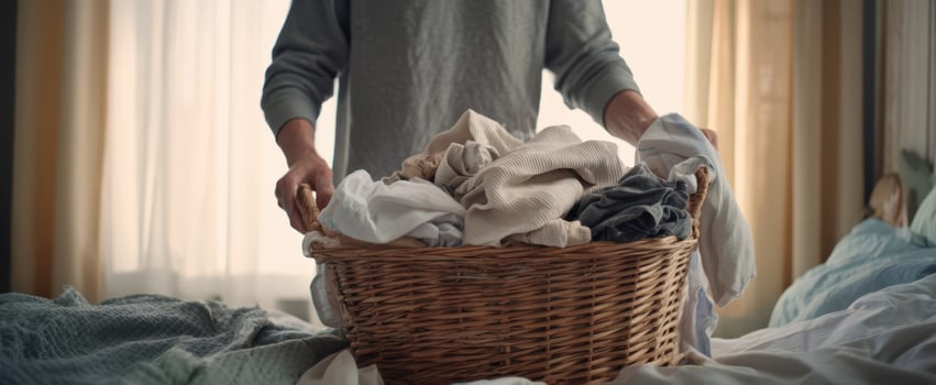 The basket filled with freshly laundered clothes in a cozy home environment photo