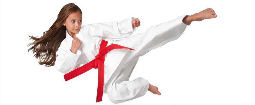 The girl practicing karate with a powerful kick in a striking pose. photo