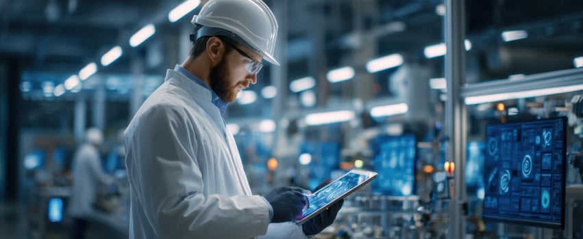 The engineer interacts with a tablet in a modern industrial facility. photo
