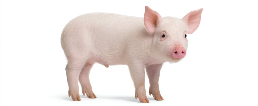 The adorable pink pig happily stands on a white background. photo