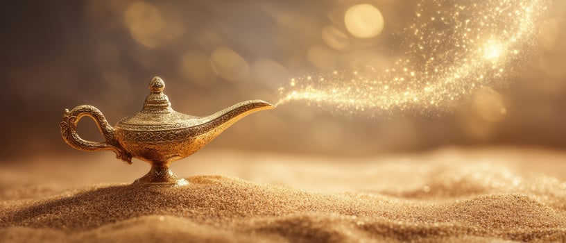 The golden lamp emitting magical sparks in a desert setting photo