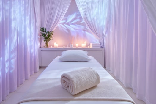 Relaxing massage table in a purple spa room with candles providing soft lighting photo