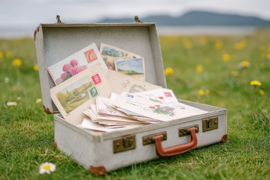 Vintage suitcase full of old postcards and letters lying on grass photo
