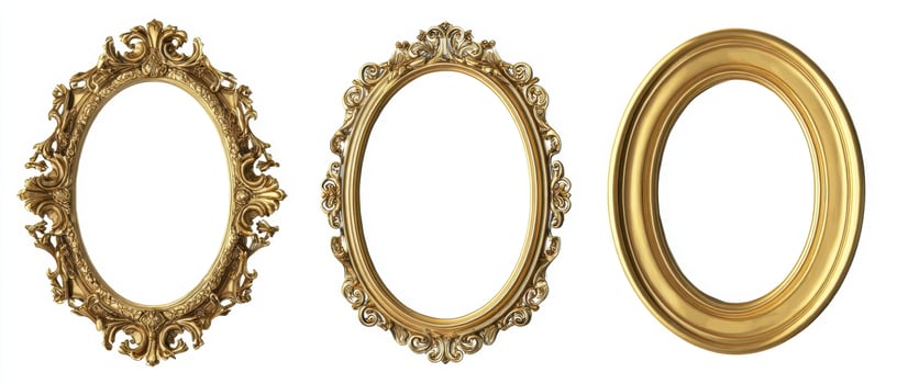 The collection of ornate gold picture frames with varying designs and sizes. photo