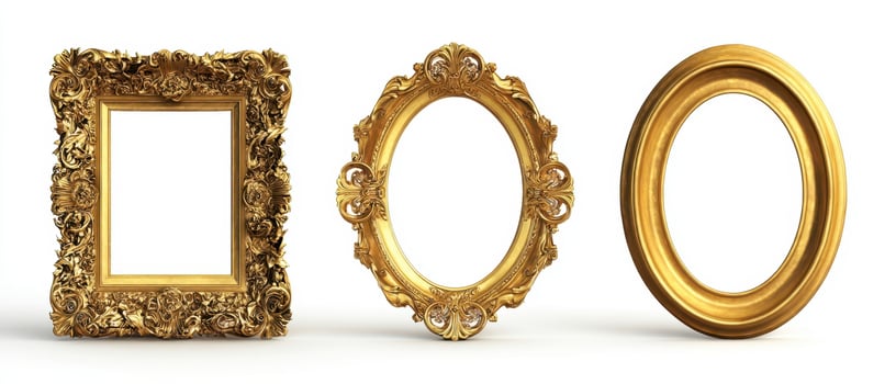 The elegant trio of vintage gold ornate picture frames on white backdrop. photo