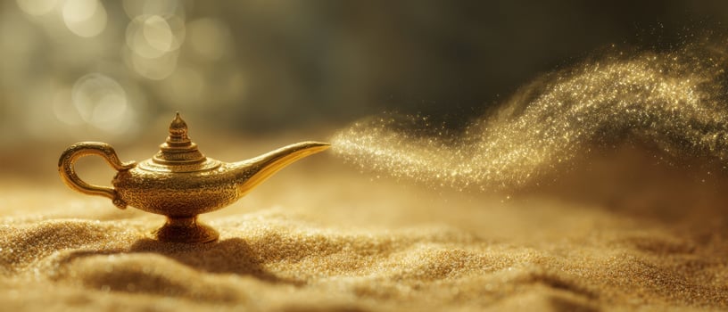 The golden magic lamp shining with mystical sparkling dust in a serene desert scene. photo