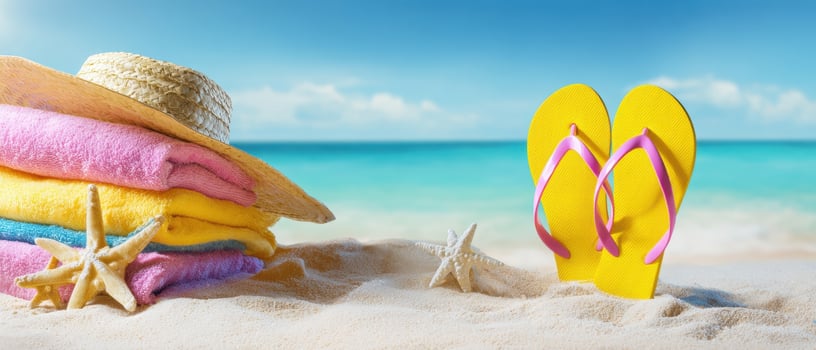 The relaxing beach scene with colorful towels and flip-flops on sandy shore. photo