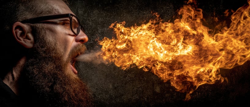 The man breathes fire in a dramatic and intense performance. photo