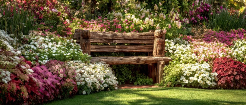 The inviting wooden bench surrounded by vibrant blooming flowers in a serene garden photo