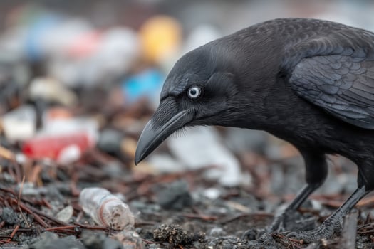 A black crow searches through debris and trash on the ground, highlighting environmental pollution in a coastal habitat photo