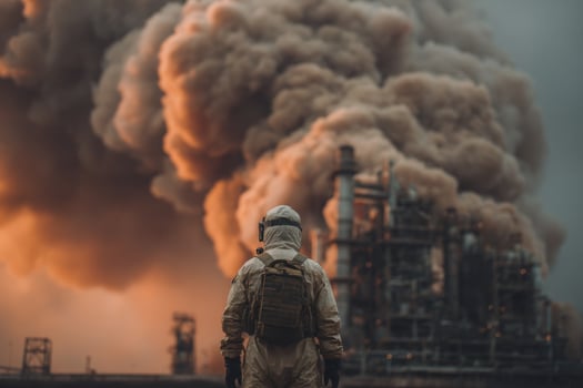 A worker in protective gear stands before a large industrial plant engulfed in thick smoke during an emergency response situation photo