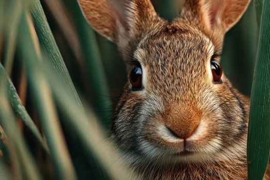 A rabbit observes its surroundings, partially hidden among lush green grass during a sunny day in nature photo