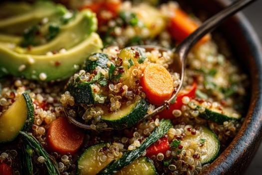 A vibrant quinoa dish featuring zucchini, carrots, and avocado is served in a rustic bowl with a spoon ready to enjoy photo