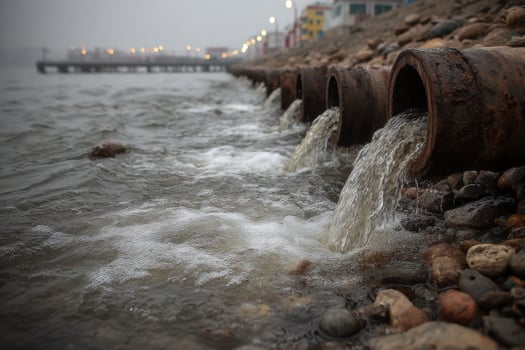 Wastewater flows from industrial pipes into the river as streetlights illuminate the shoreline in a nearby bustling neighborhood photo