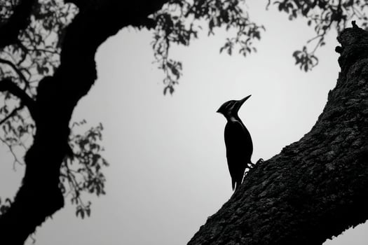 A woodpecker stands on a tree branch, beautifully silhouetted by the fading light of dusk, creating a striking scene in nature photo