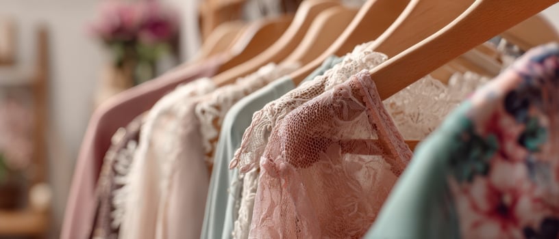 The elegant display of stylish dresses in a cozy boutique setting. photo