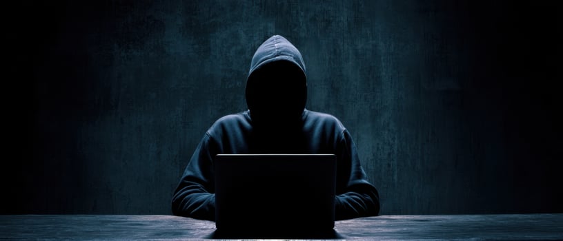 The hooded figure working intently on a laptop in a dark environment. photo
