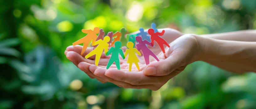 The Hands Holding Colorful Paper Figures Representing Unity and Togetherness in Nature photo
