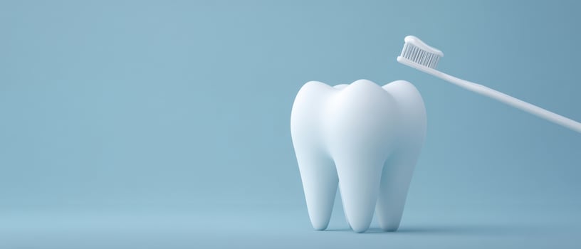 The large tooth being brushed by a white toothbrush on a pastel background photo