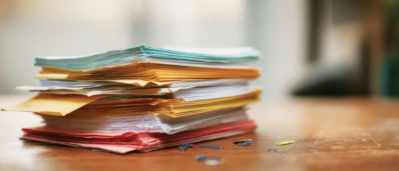 The vibrant stack of assorted papers on a wooden desk surface. photo