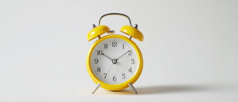The yellow alarm clock standing against a minimalist white background. photo
