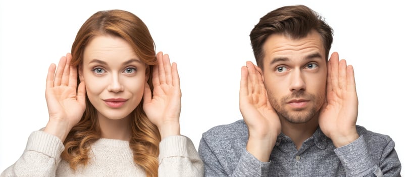 The couple communicating through playful gestures and expressions while listening attentively. photo