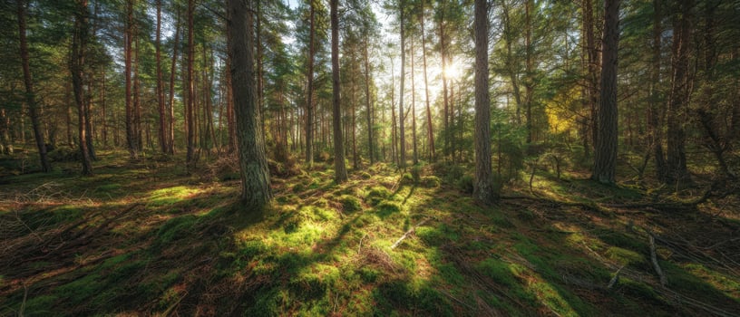 The serene forest illuminated by soft sunlight filtering through the trees. photo
