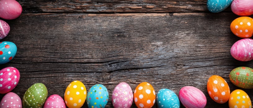 The colorful Easter eggs arranged beautifully on a rustic wooden background. photo