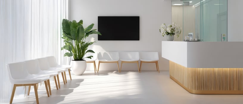 The modern waiting room featuring a sleek reception area and vibrant greenery. photo