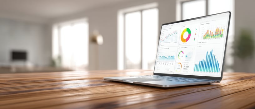 A laptop with a graph on the screen is sitting on a wooden table photo