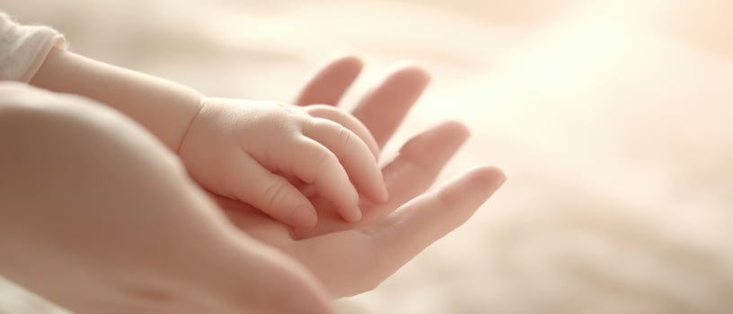 The tender connection between a parent and their baby's hand in soft light. photo