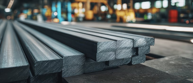 The stack of steel rods in a bustling industrial manufacturing facility. photo