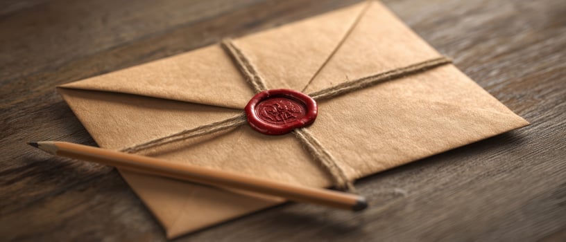 The vintage envelope tied with twine and adorned with a wax seal. photo