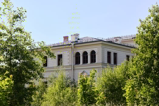 An Abandoned Grand Mansion that is Enveloped by Lush, Vibrant Greenery and Natures Beauty photo