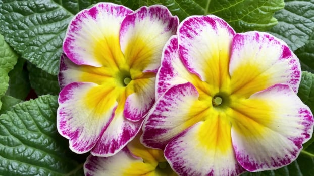 Primrose flowers show vibrant yellow and purple colors, beautifully contrasting with lush green leaves photo