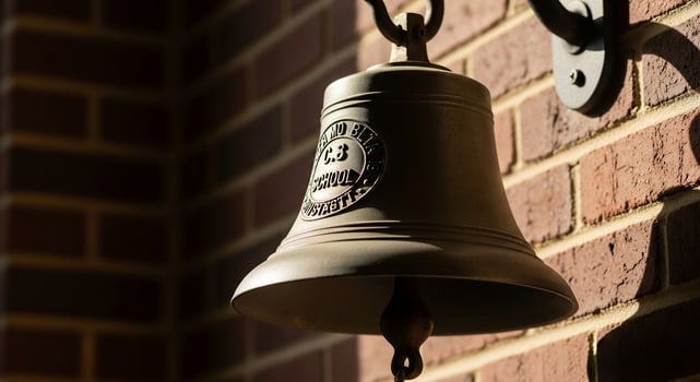 A bell hangs from a brick wall photo