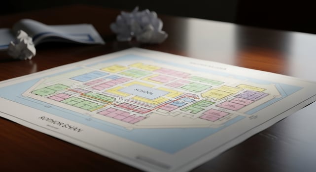 Architectural blueprint of Rothorshan school district with crumpled paper on a wooden table photo